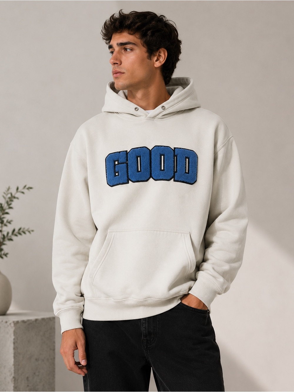 Ivory Graphic Hoodie Sweater with Blue Chenille Lettering - Women